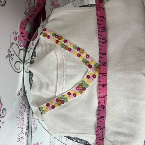 Tank top button multicolor Embellished White Sleeveless Top stretchy ribbed - Picture 5 of 5